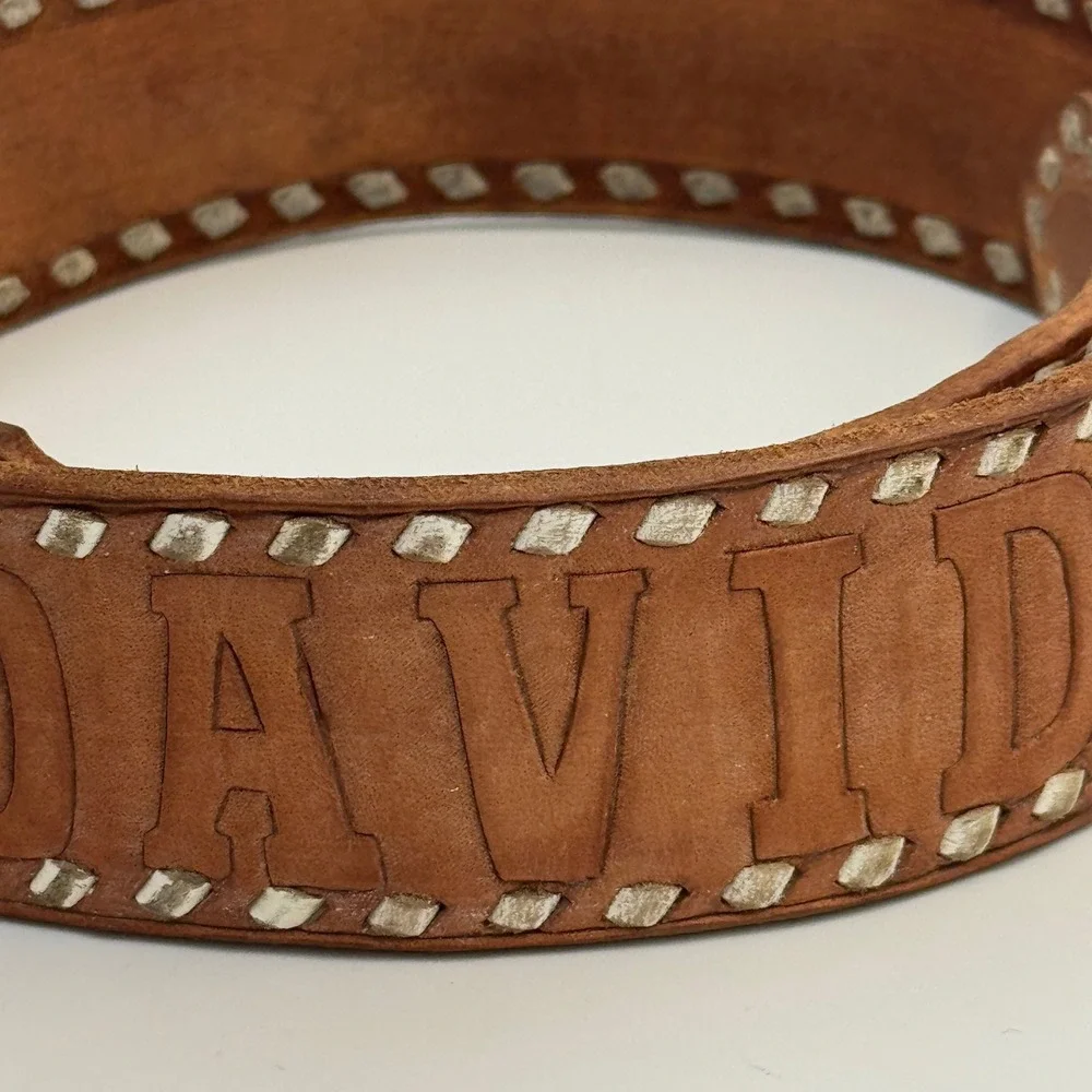 Custom Tooled Leather Belt David Personalized Buckstitch Western Tan Brown‎